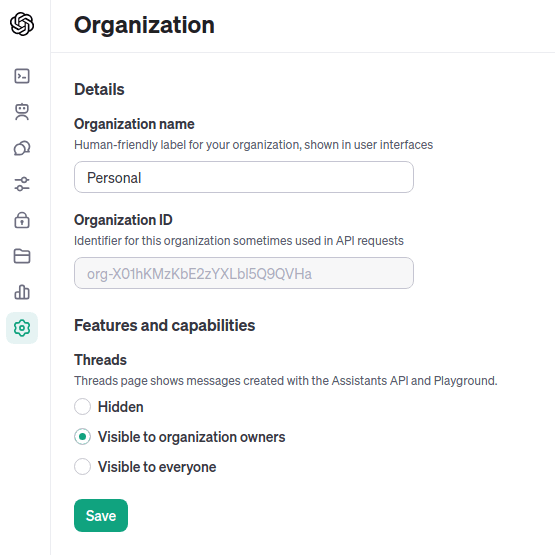 Open AI Threads Settings